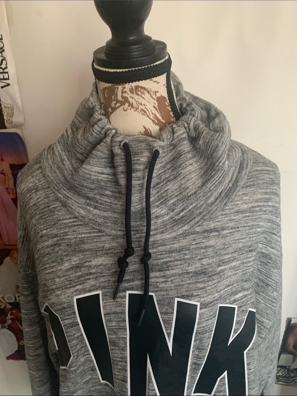PINK Victoria's Secret Gray Funnel Neck Hoodie with Black Logo - Picture 5 of 10